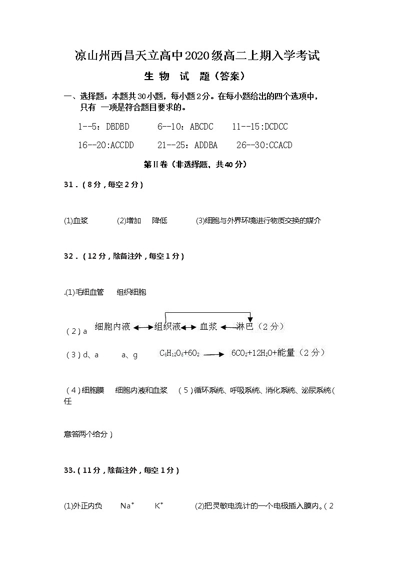 凉山州西昌天立高中2020级高二上期入学考试生物（答案）第1页
