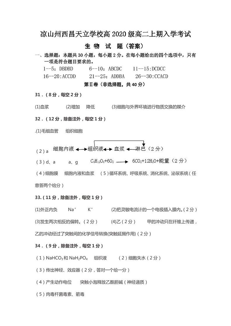 2022凉山州西昌天立学校高二上学期入学考试生物试题PDF版含答案01