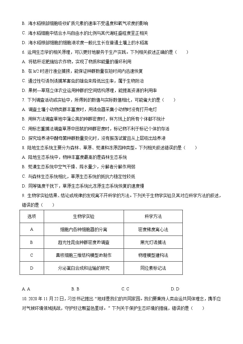 2021莆田高二下学期期末质量监测生物试题含答案第2页