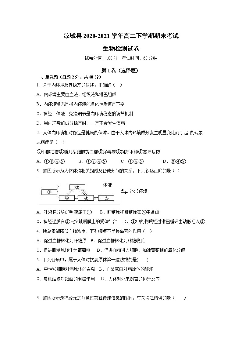 2021自治区乌兰察布凉城县高二下学期期末考试生物试题含答案第1页