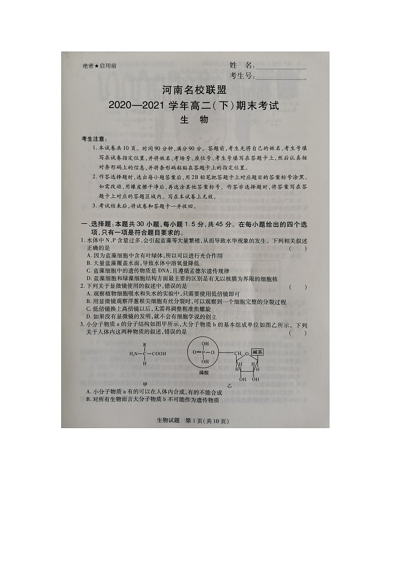 河南名校联盟2020-2021学年高二下学期期末考试生物试题（图片版）第1页