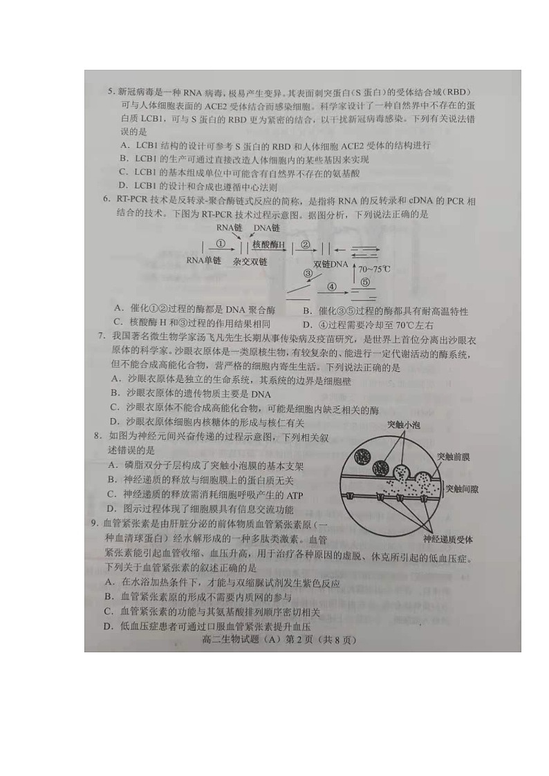 山东省菏泽市2020~2021学年高二下学期期末考试生物试题（A）第3页