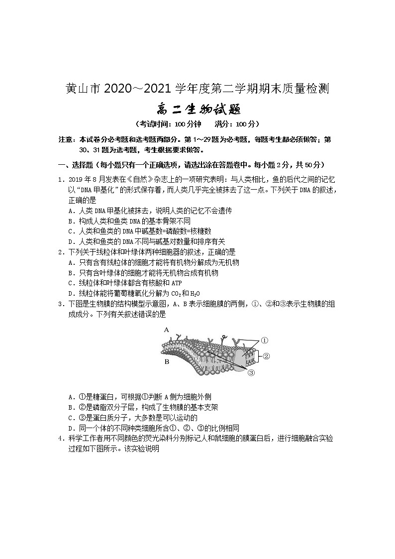 2021黄山高二下学期期末考试生物试卷含答案第1页