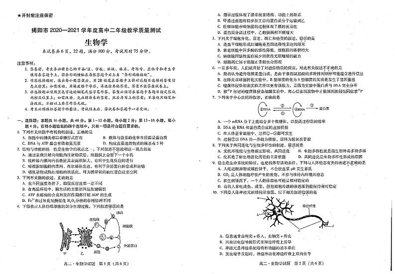广东省揭阳市2020-2021学年高二下学期期末考试生物试题（图片版）第1页