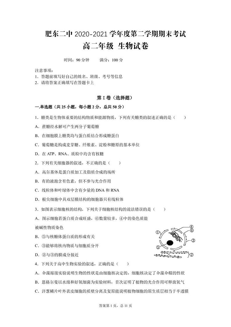 2021肥东县二中高二下学期期末考试生物试题PDF版含答案01