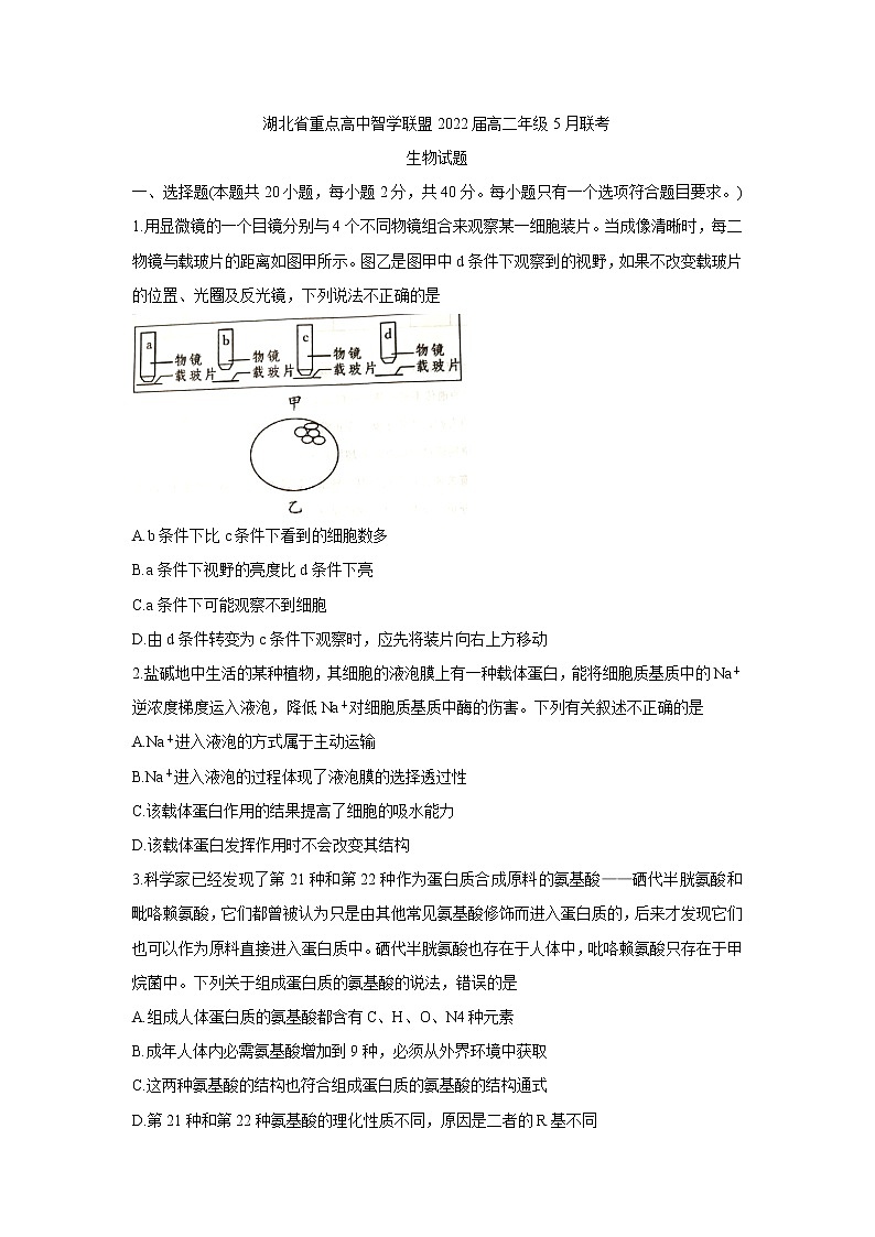 2021湖北省重点高中智学联盟高二下学期5月联考生物含解析 试卷01