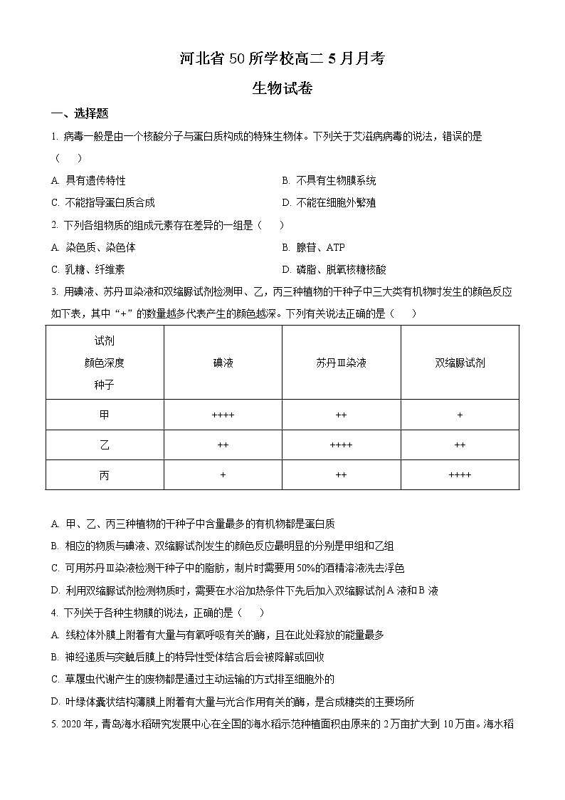 2021河北省50所学校高二下学期5月联考生物试题含答案第1页
