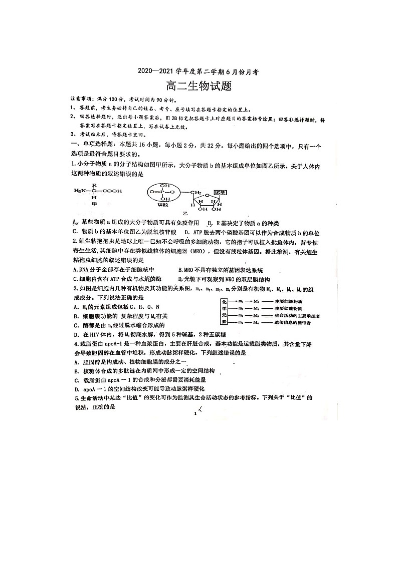 2021济宁嘉祥县一中高二下学期6月月考生物试题扫描版含答案第1页