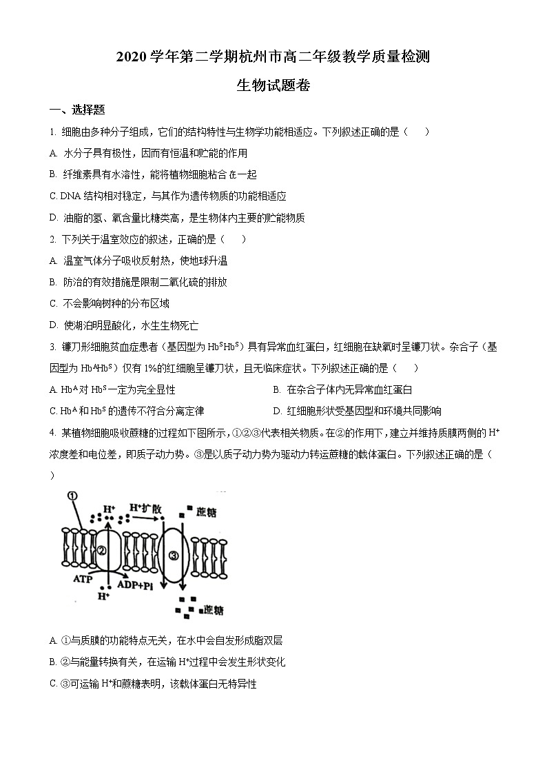 2021杭州高二下学期期末生物试题含答案第1页