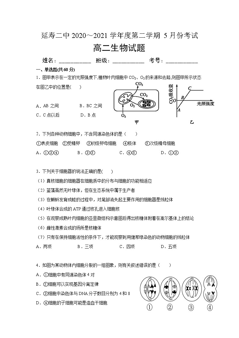 2021省哈尔滨延寿县二中高二下学期5月月考生物试题含答案第1页