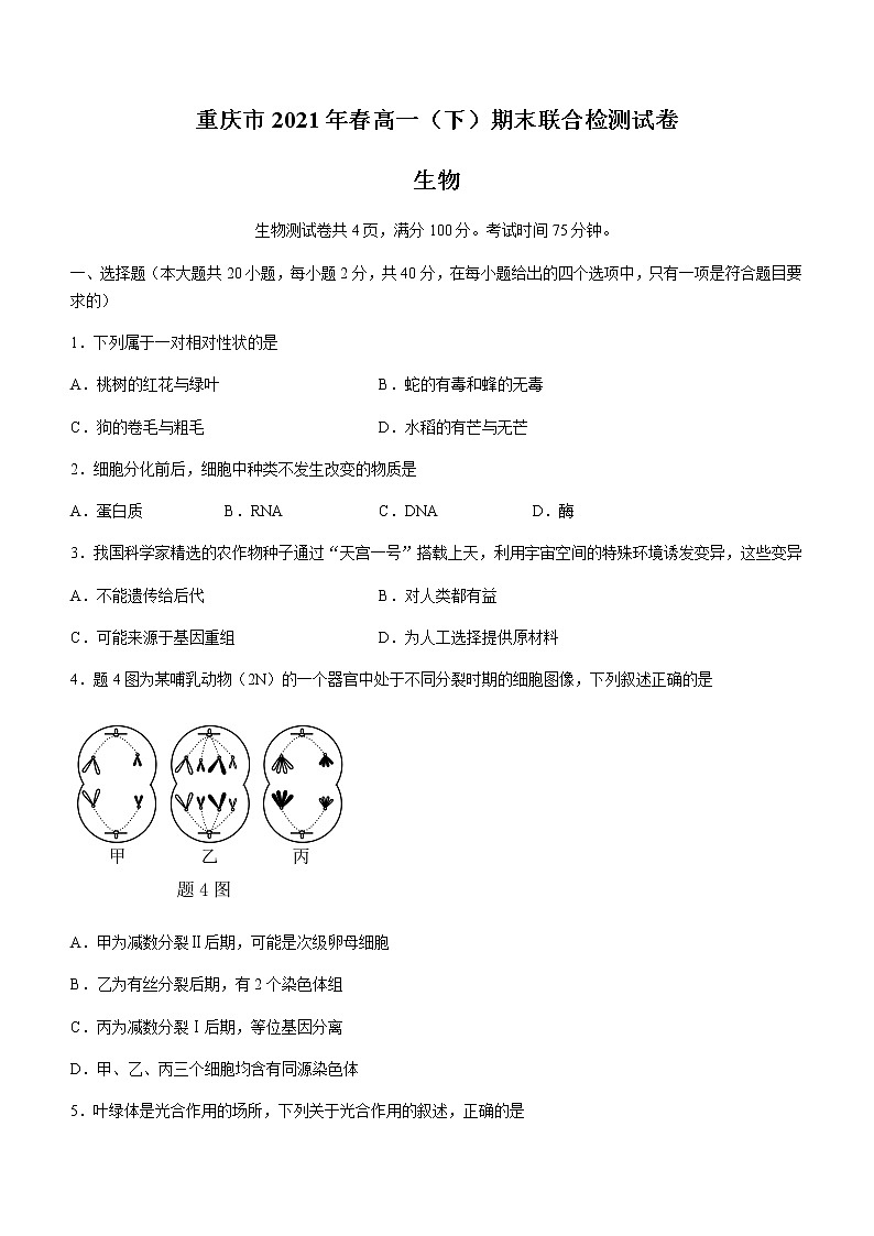 2021重庆市（康德教育）高一下学期期末联合检测生物试题含答案01
