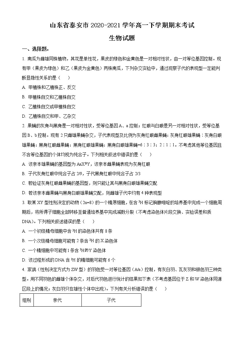 2021泰安高一下学期期末考试生物试题含答案01