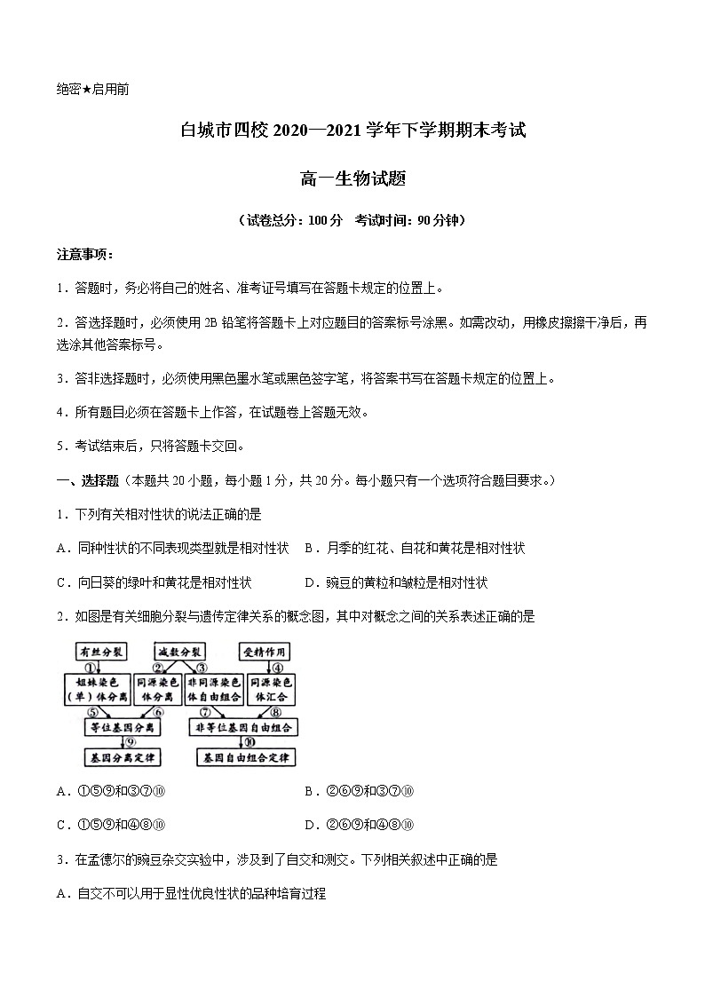2021白城一中、大安一中、通榆一中、洮南一中、镇赉一中高一下学期期末考试生物试题含答案第1页