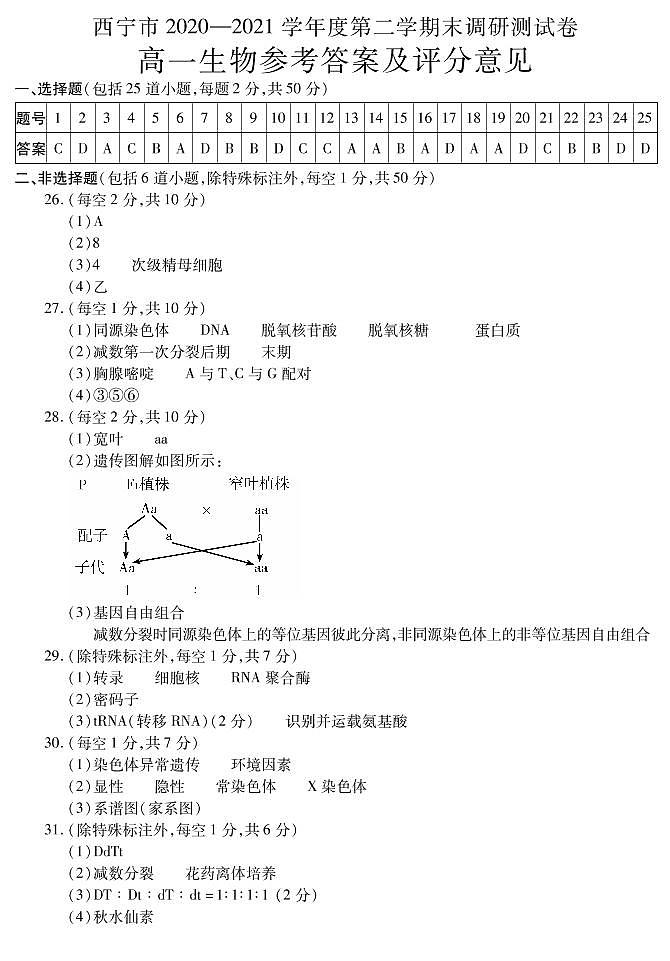 高一生物答案第1页