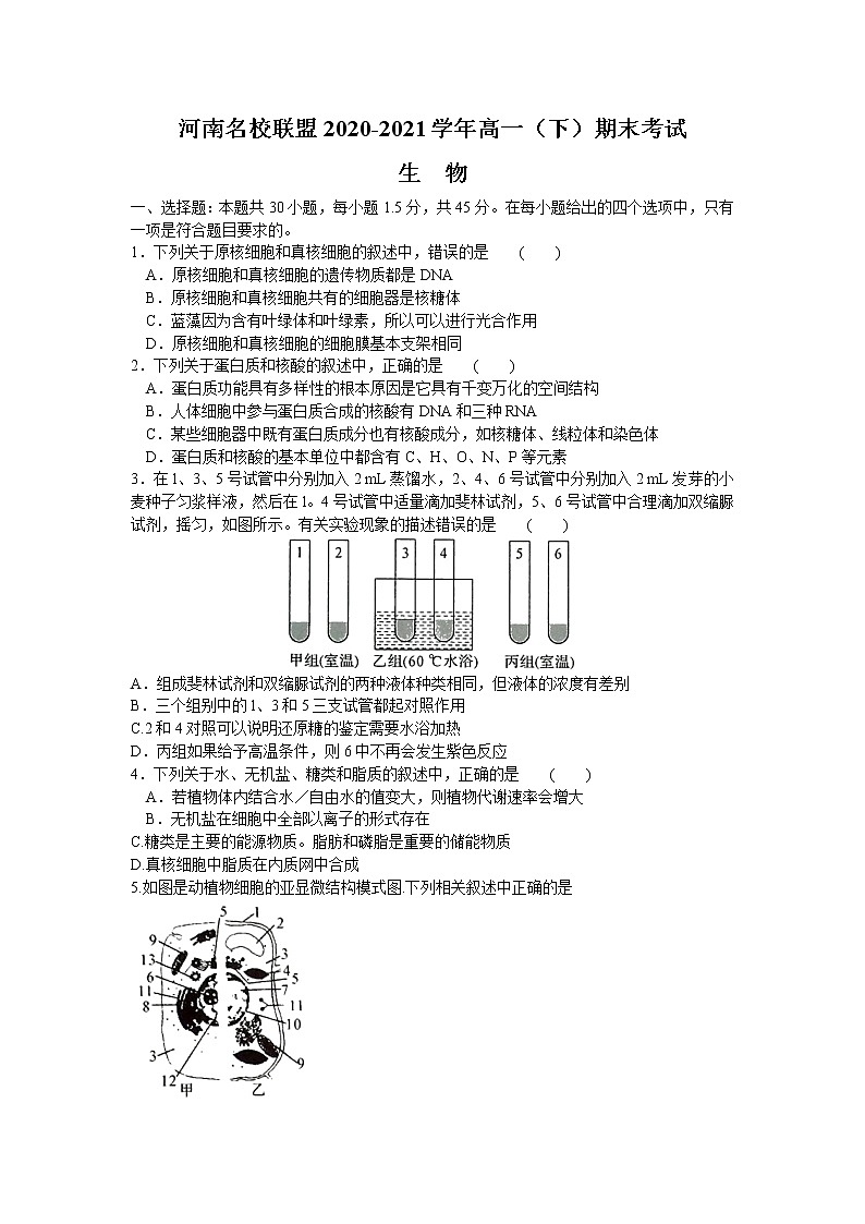 2021河南省名校联盟高一下学期期末考试生物试题含答案第1页