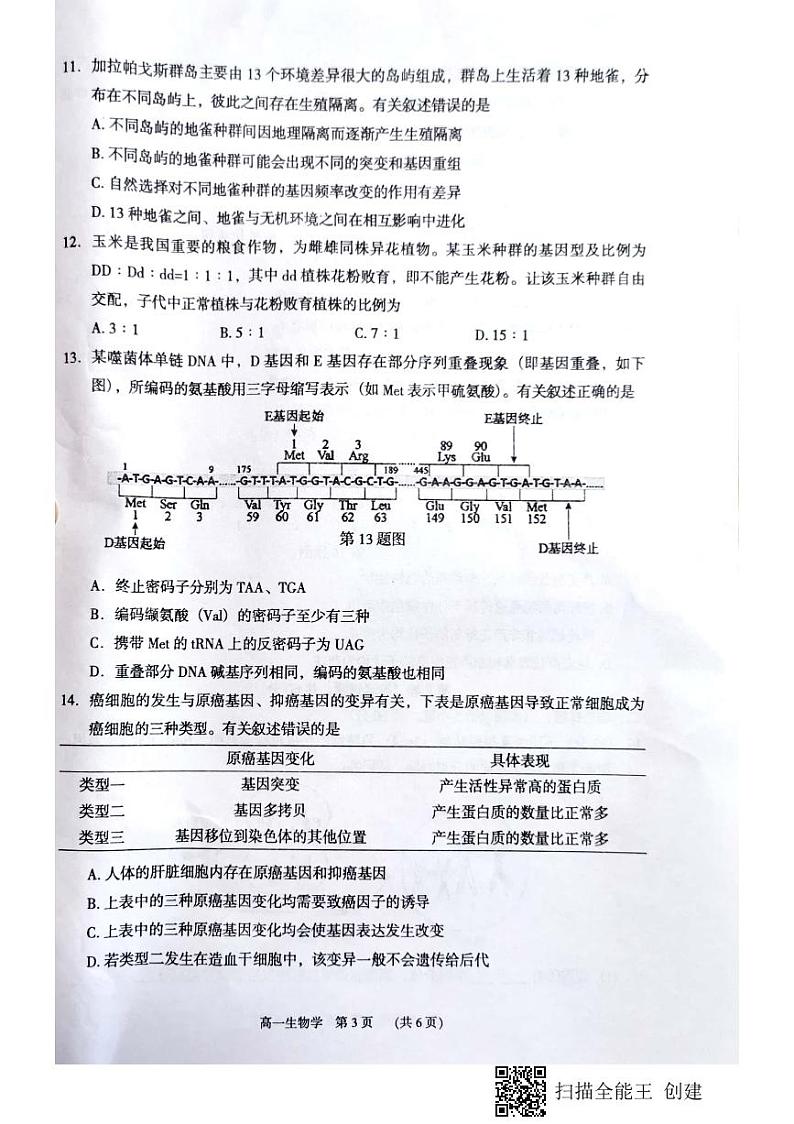 广东省东莞市2020-2021学年高一下学期期末考试生物试题（图片版）第3页