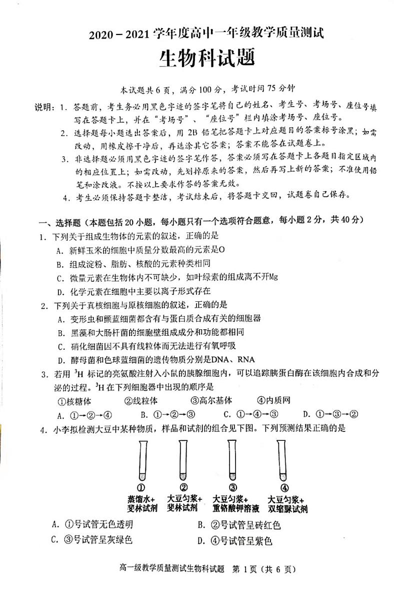 广东省普宁市2020-2021学年高一下学期期末考试生物试题（图片版）第1页