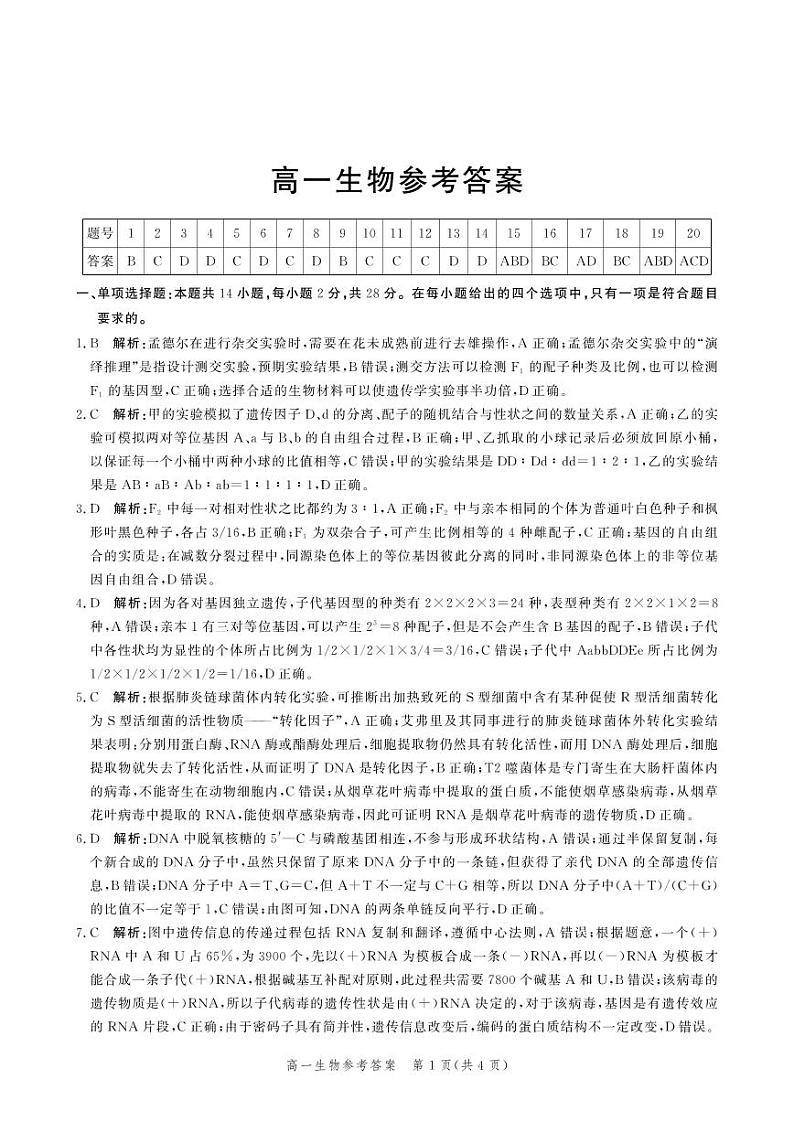 河北省邯郸市2020-2021学年高一下学期期末考试生物答案第1页