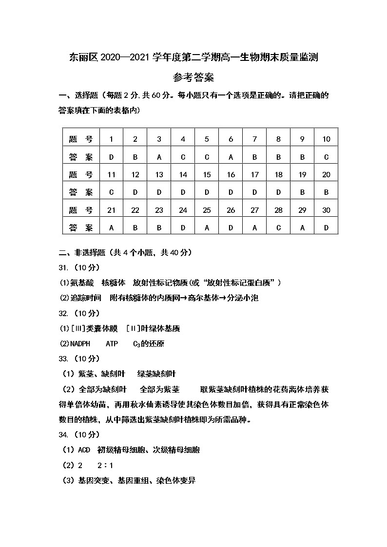 2021天津东丽区高一下学期期末考试生物试题图片版含答案01