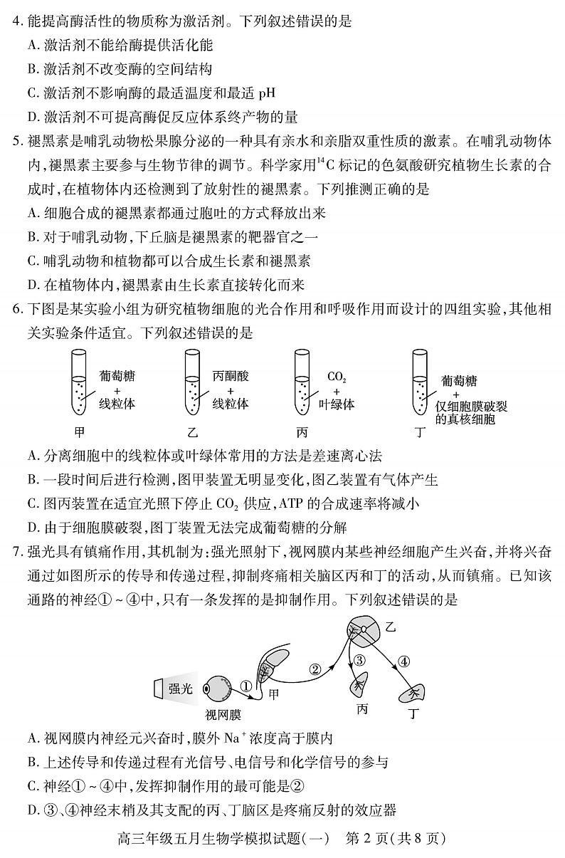 2022武汉高三下学期五月模拟试题（一）生物PDF版无答案第2页