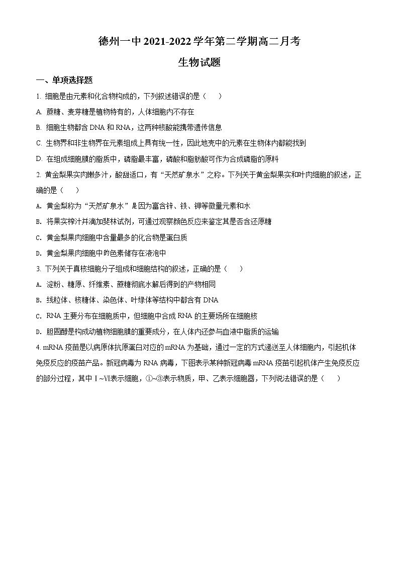 2022德州一中高二下学期6月月考生物试题含解析01