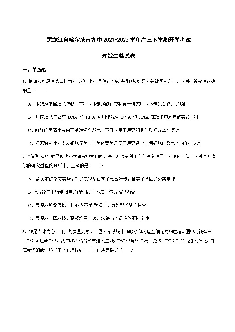 2022届黑龙江省哈尔滨市九中高三下学期开学考试理综生物试卷含解析第1页