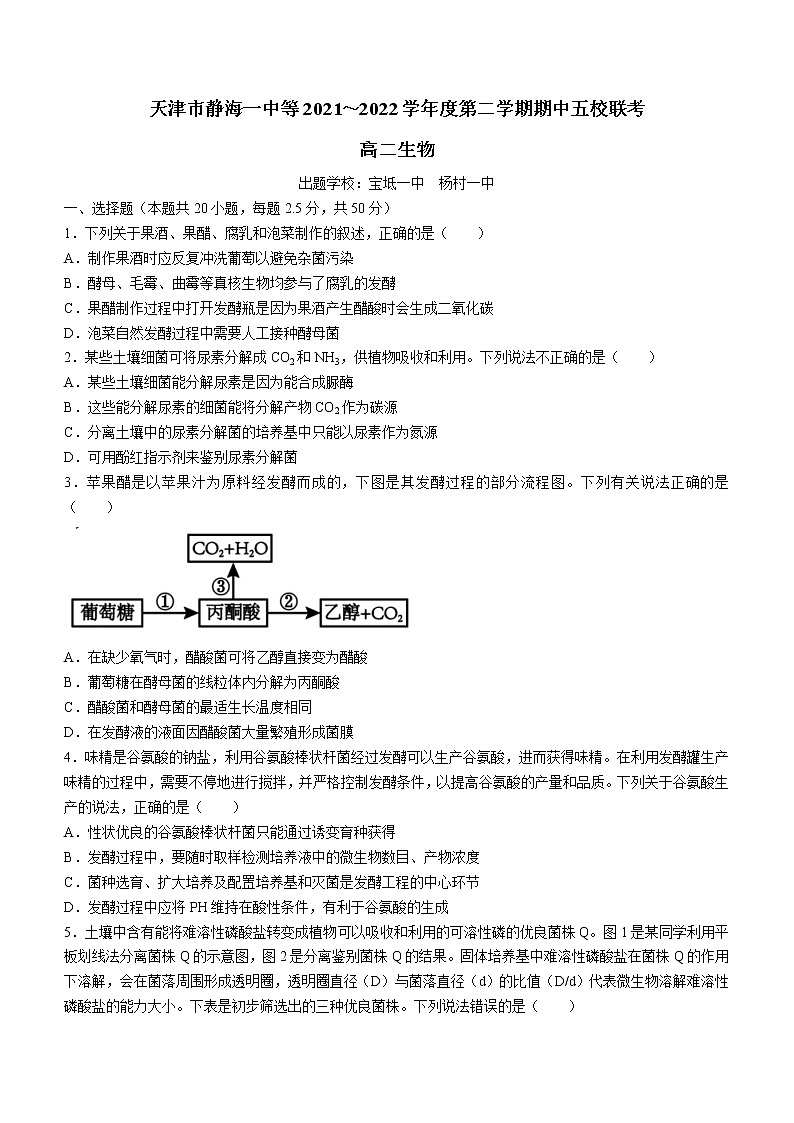 2021-2022学年天津市静海一中等五校联考高二下学期期中生物试题含答案01