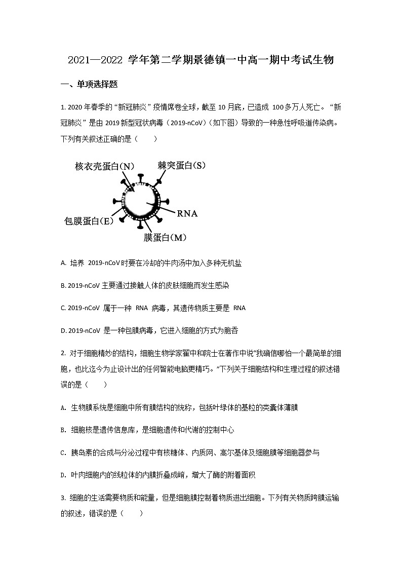 2021-2022学年江西省景德镇一中高一下学期期中质量检测试生物试卷含答案01