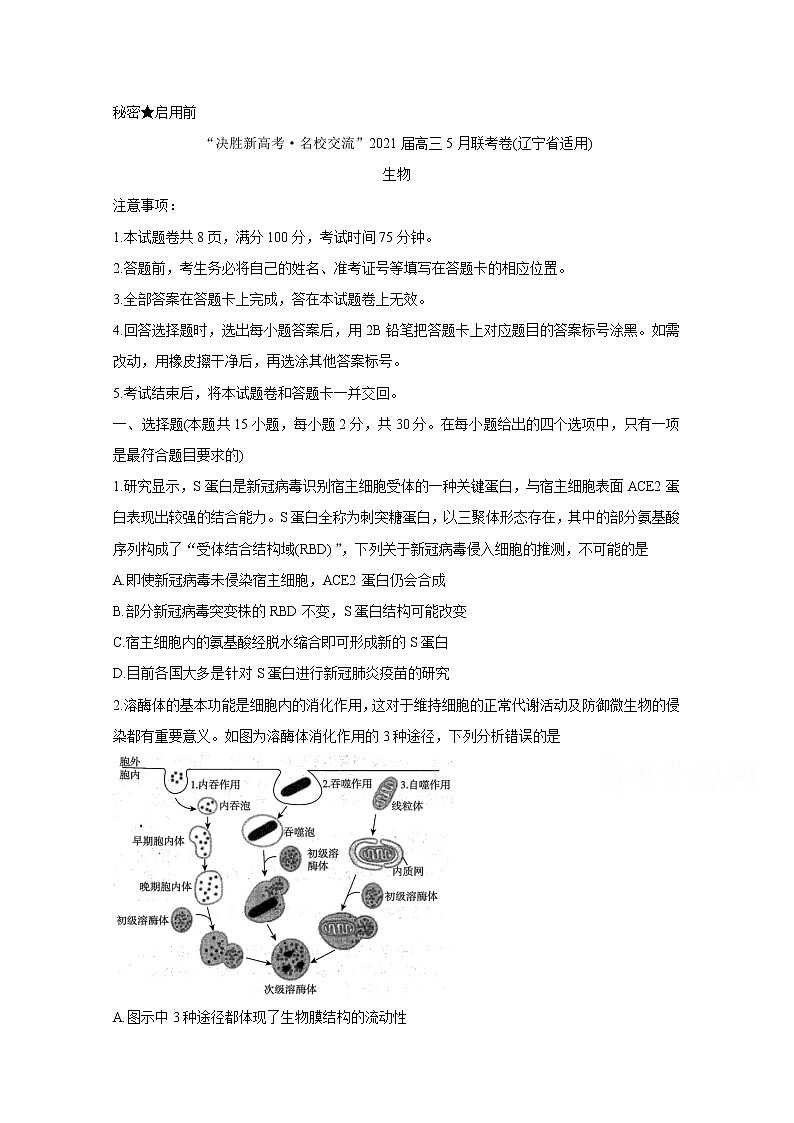 2021辽宁省高三下学期决胜新高考名校交流5月联考生物含答案 试卷01