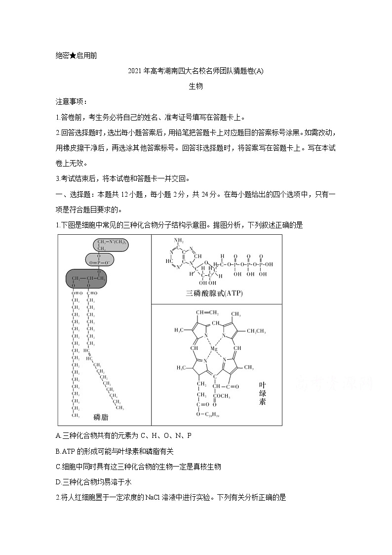 2021湖南省四大名校名师团队高三下学期5月高考猜题卷（A）生物含解析01