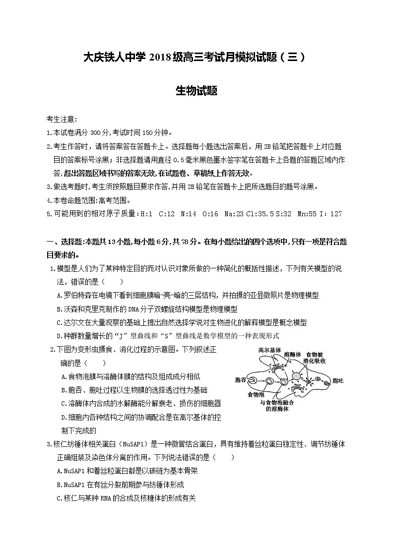 2021省大庆铁人中学高三下学期第三次模拟考试生物试题含答案第1页