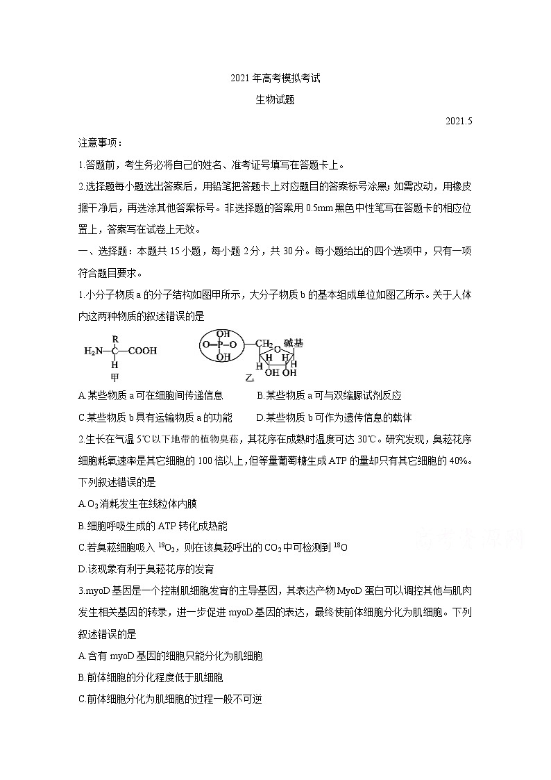 2021济宁高三下学期5月第二次模拟考试生物含答案01