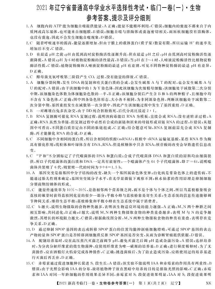 21辽宁临门一卷-生物1DA第1页