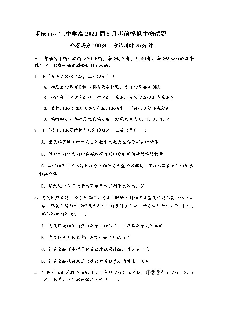 2021重庆綦江中学高三下学期5月考前模拟考试生物试题含答案第1页