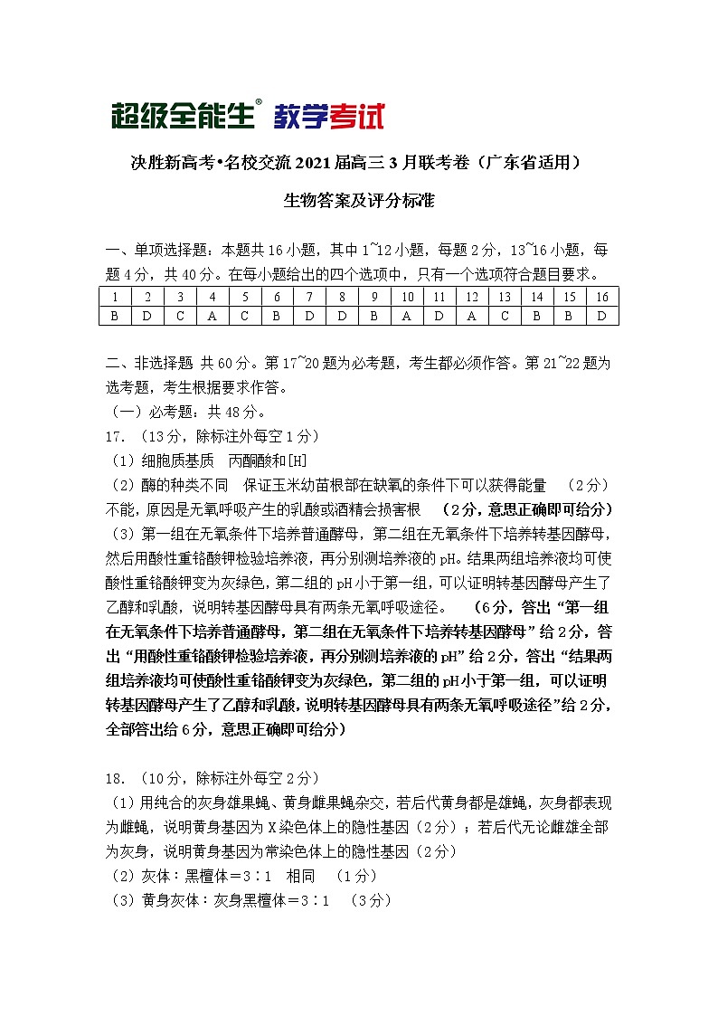 生物评分标准-广东版-“决胜新高考·名校交流“2021届高三3月联考卷第1页