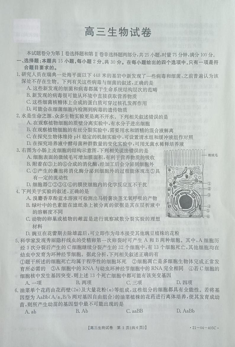 2021抚顺六校协作体高三下学期5月二模生物试题扫描版含答案01