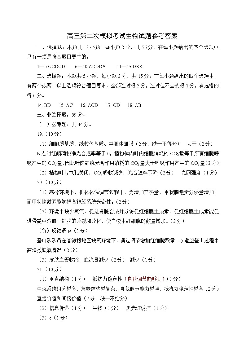 2021保定高三下学期5月第二次模拟考试生物试题PDF版含答案01