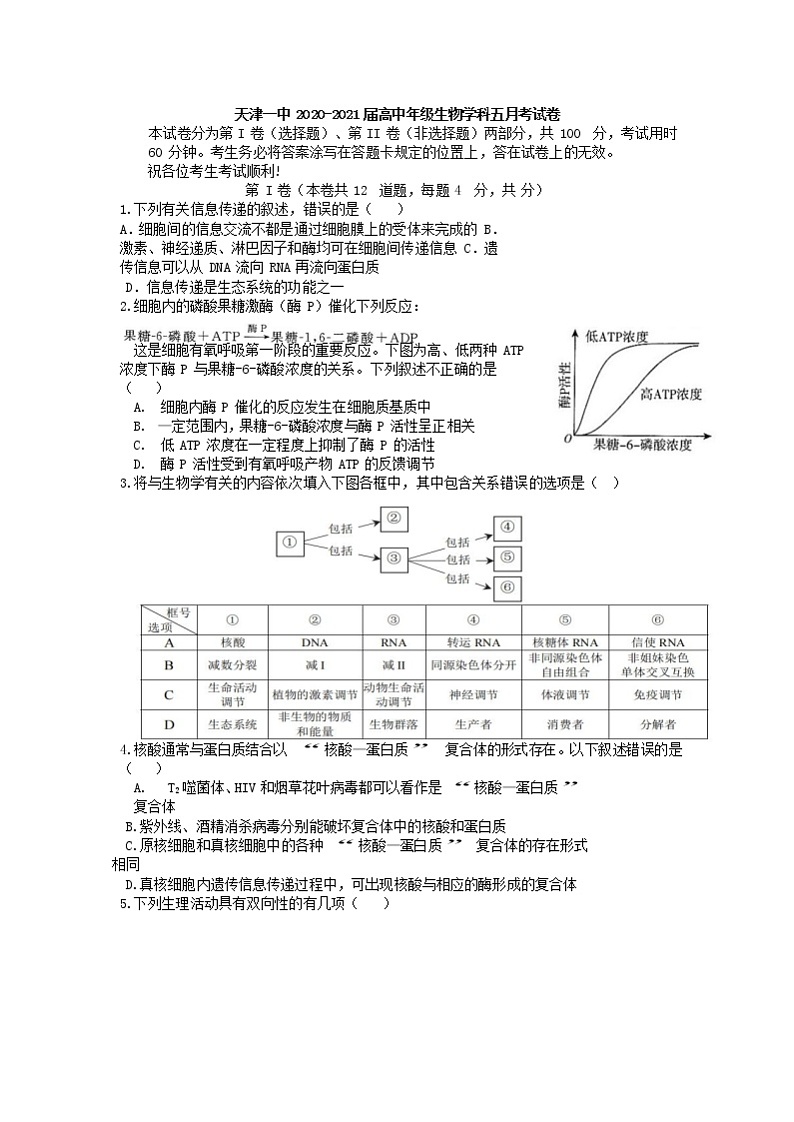 2021天津市一中高三下学期第五次月考生物试题含答案第1页