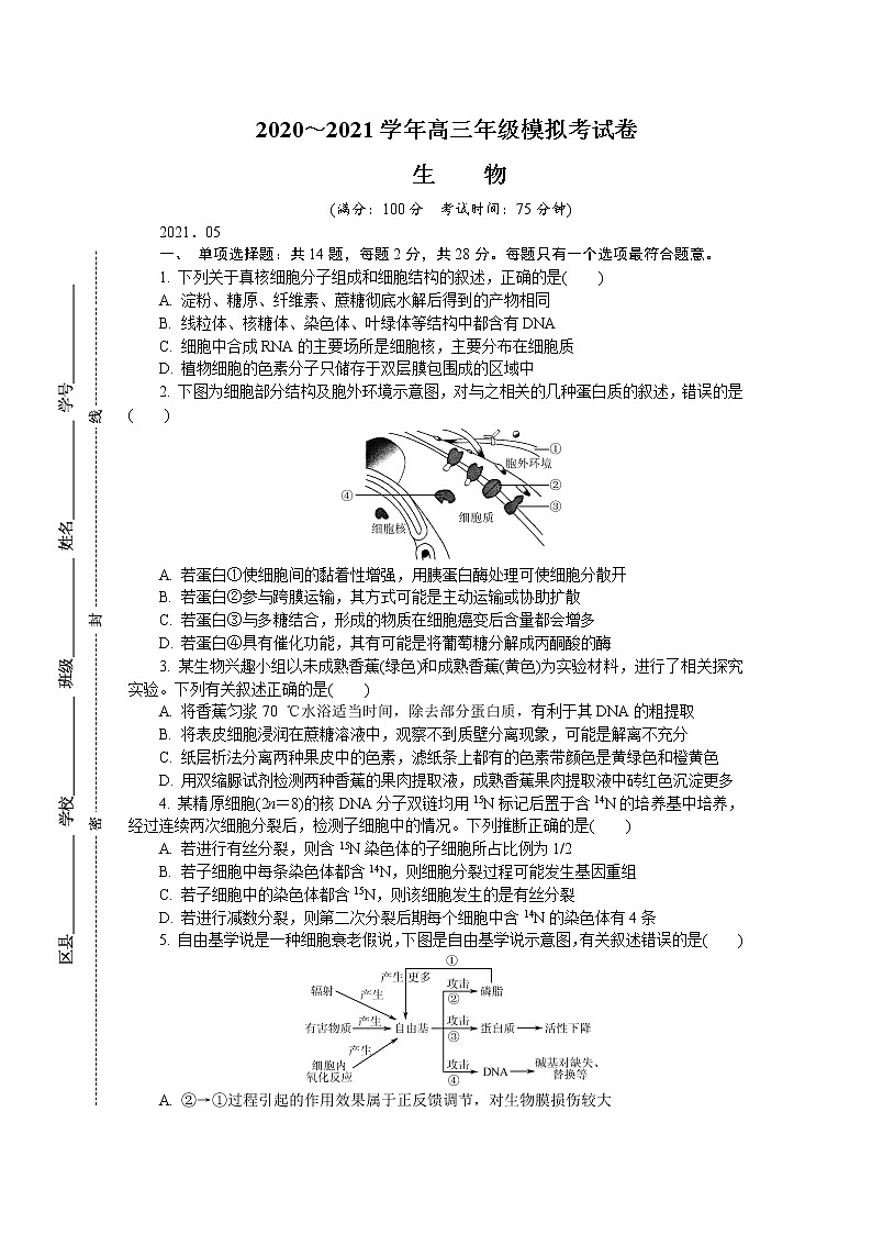 2021南京高三下学期5月第三次模拟考试生物含答案01