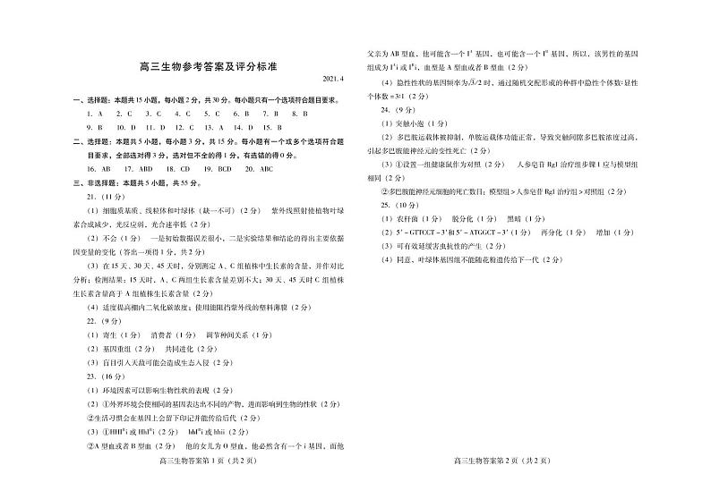 2021潍坊高三下学期4月高考模拟考试（二模）生物试题含答案01