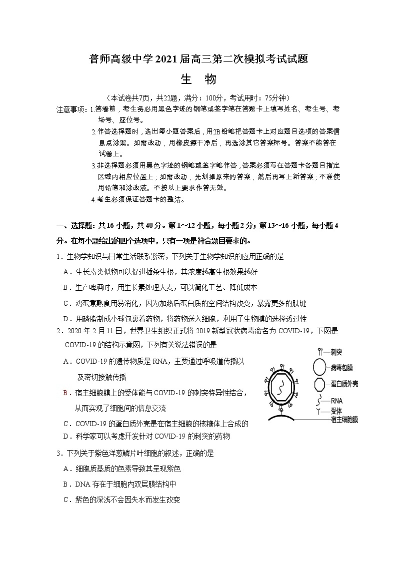 2021普宁普师高级中学高三下学期第二次模拟生物试题含答案第1页