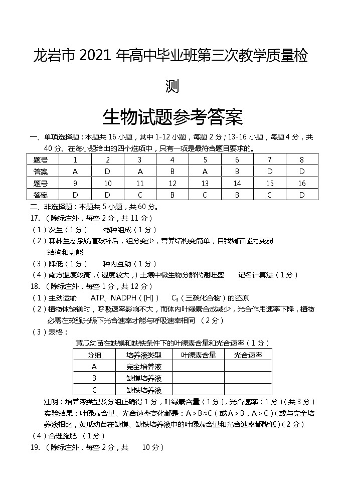 2021年第三次高三生物-答案-定第1页