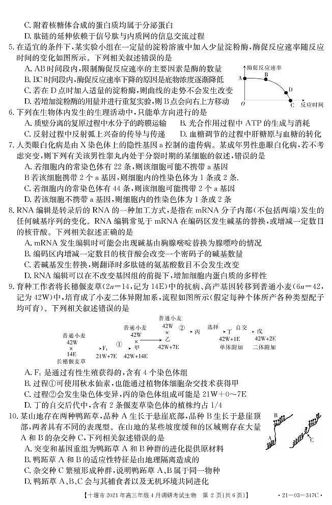 2021十堰高三下学期4月调研考试生物试题PDF版含答案02