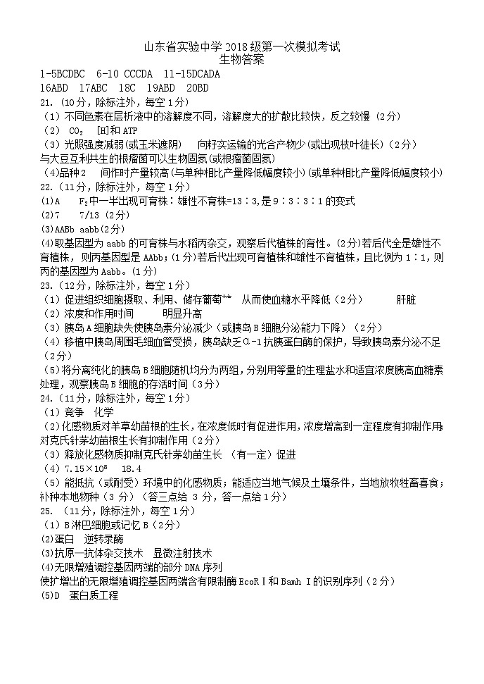 2021年4月22日省实验模拟生物答案第1页