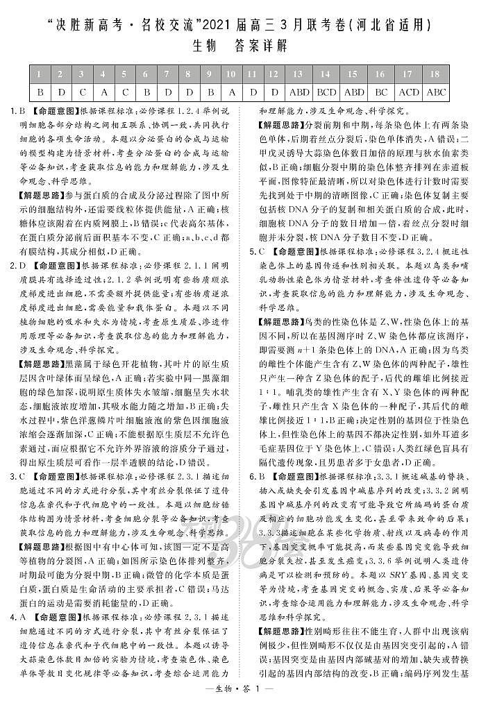 生物解析-河北版-“决胜新高考·名校交流“2021届高三3月联考卷第1页