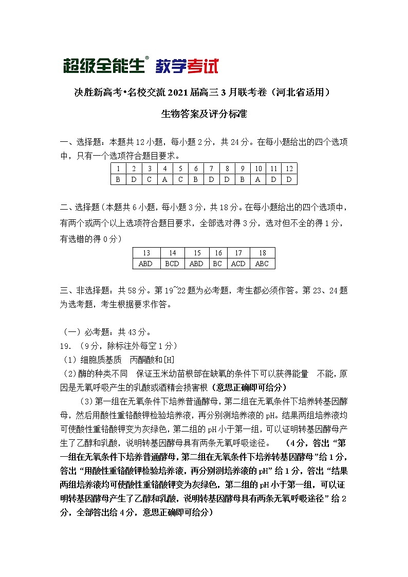生物评分标准-河北版-“决胜新高考·名校交流“2021届高三3月联考卷第1页