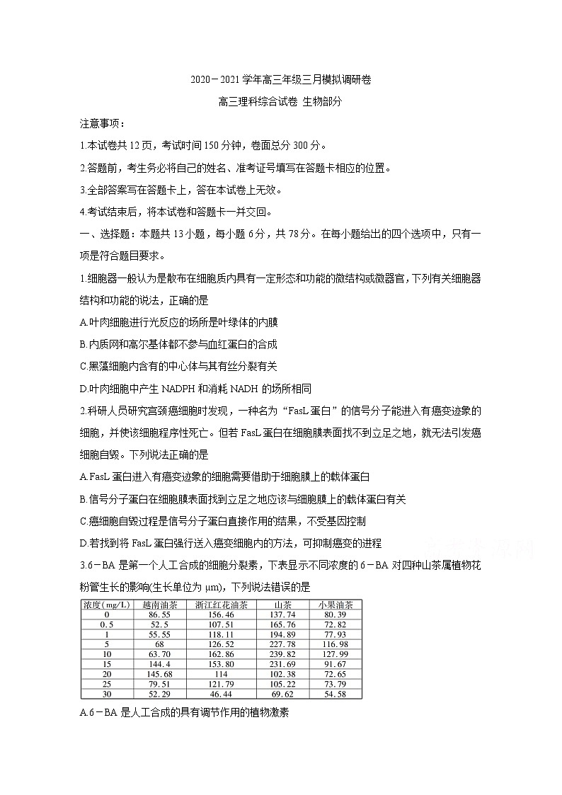 2021自治区乌兰察布高三三月模拟调研卷（一模）生物含答案01