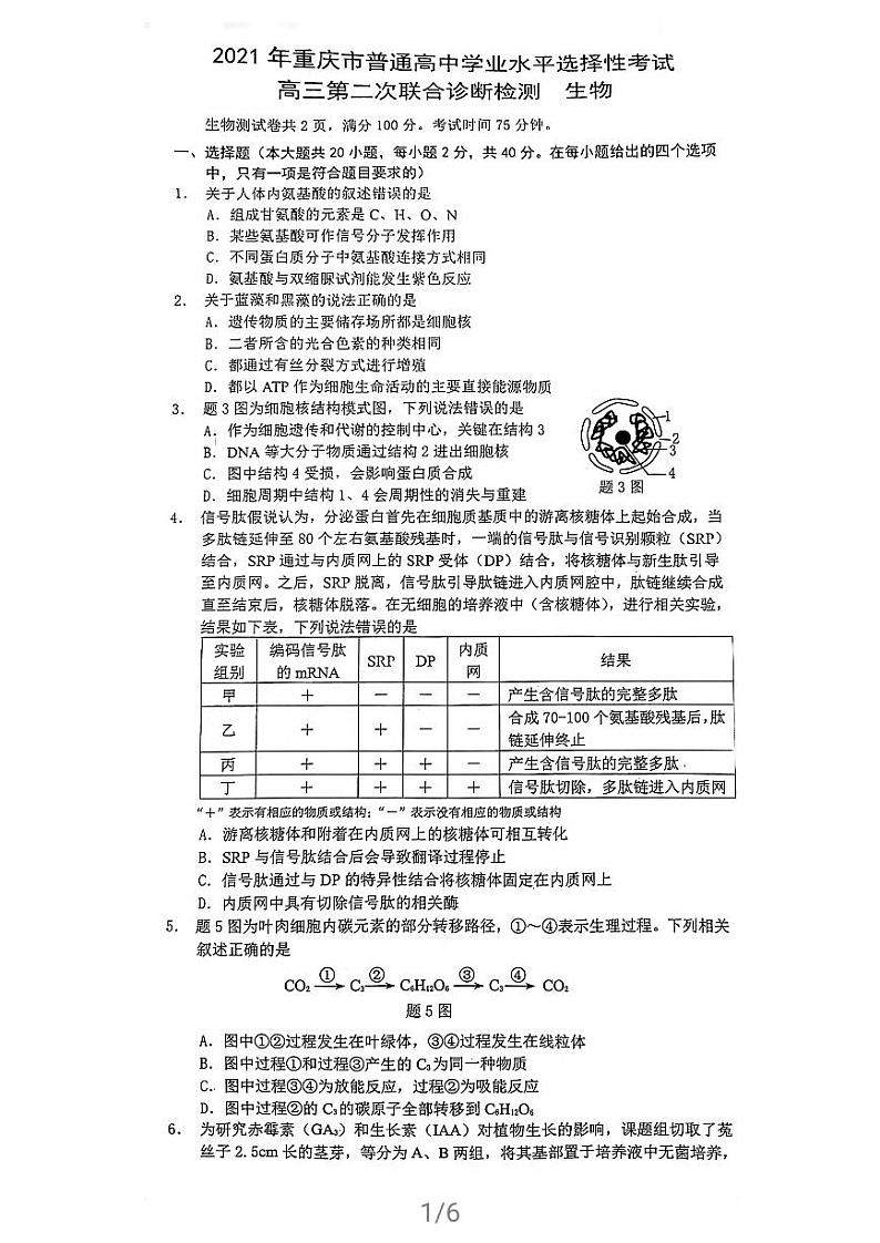 2021重庆（主城区）高三下学期4月第二次联合诊断检测（4月康德卷）生物试题扫描版缺答案第1页