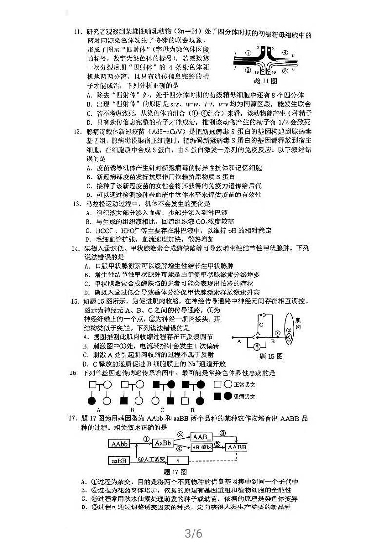 2021重庆（主城区）高三下学期4月第二次联合诊断检测（4月康德卷）生物试题扫描版缺答案第3页