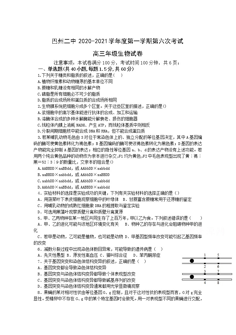 2021巴州二中高三第六次月考生物试卷含答案01